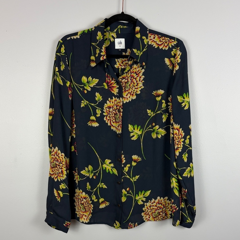 Cabi Chic Floral Semi-Sheer Long Sleeve Button Front Blouse Medium Navy Blue - Picture 2 of 14